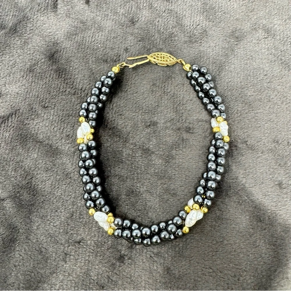 Vintage Grey and White Pearls, Triple Twisted Strand Pearl Bracelet